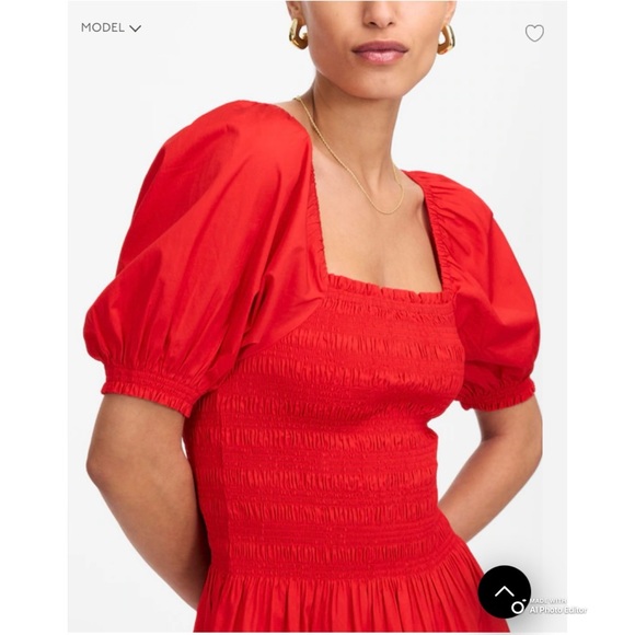 Madewell Cerise Red Smocked Puff Sleeve Dress in Poplin Size Small NWT - Picture 4 of 17